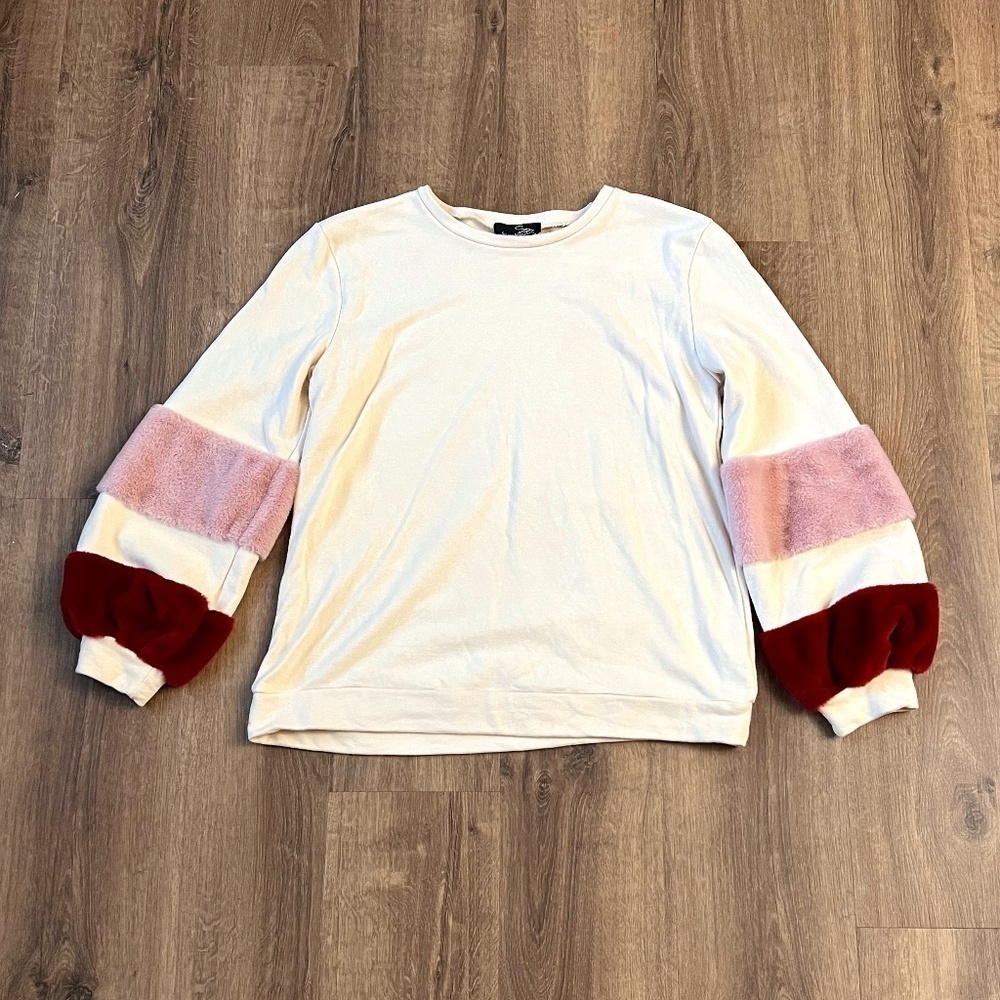 Suzanne Betro Fur Striped Full Sleeve Sweatshirt Sz L